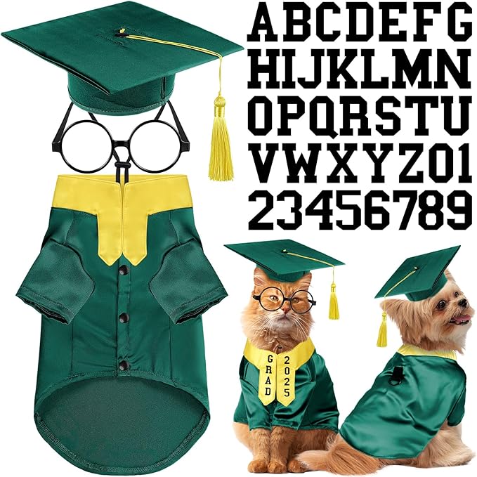5 Pcs Dog Graduation Costume Set Include 2025 Pet Graduation Gown with Stole Puppy Grad Cap Lensless Glasses DIY Letter Stickers for Dogs Cats Holiday Costume Accessory(Green Yellow,S)