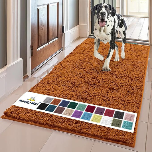 Muddy Mat® Shown on TV – Super Absorbent Microfiber Dog Door Mat for Muddy Paws, Non-Slip Washable Pet Rug, Quick Dry Chenille Entryway Carpet, Machine Washable Indoor Outdoor mat, Orange 59"x35"