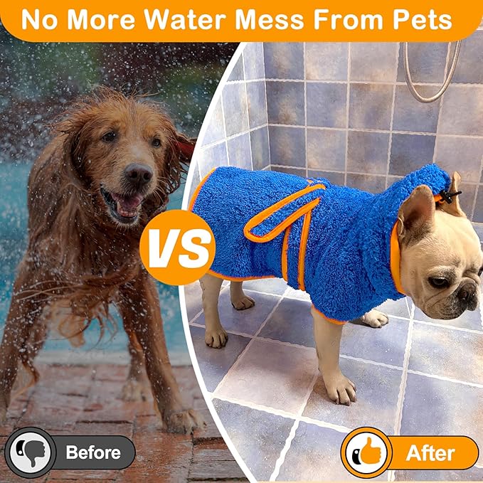 Bienbee Soft Dog Bathrobe,Super Absorbent & Quick-Drying Dog Robe with Hood, Cozy Drying Coat for After Bath, Blue XXL