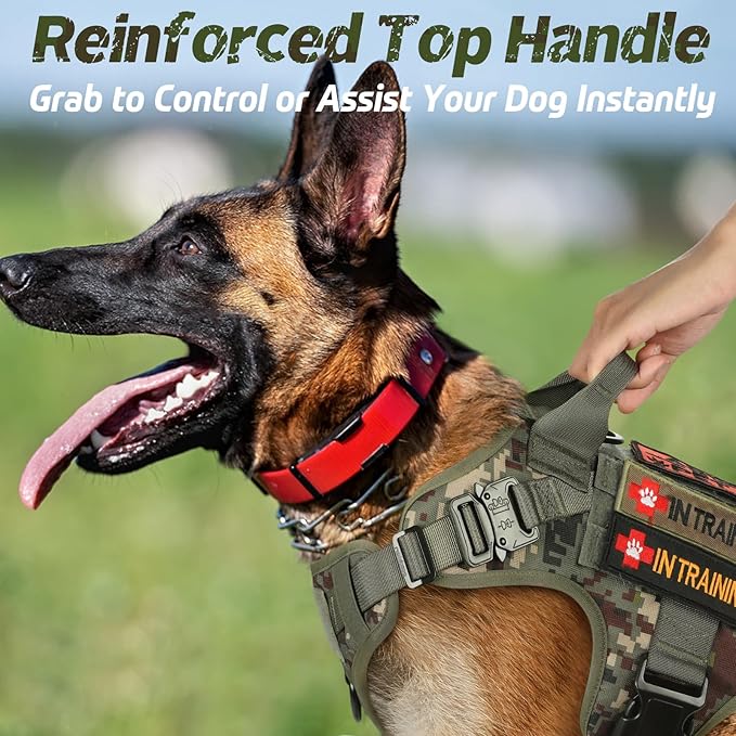 rabbitgoo Tactical Dog Harness for Large, Heavy Duty Pet Harness with Handle, No-Pull Service Vest Large Breed, Adjustable Military Dog Vest for Training Hunting Walking, Green Camo, XL