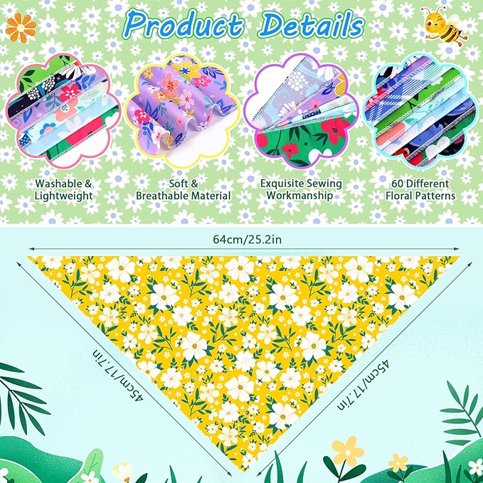 60 Pcs Spring Summer Dog Bandanas Bulk Adjustable Floral Puppy Scarves Pet Bandana Washable Flower Puppy Grooming Bandana for Mothers Day Small Medium Large Breed Dog Cat Pet Grooming Accessories