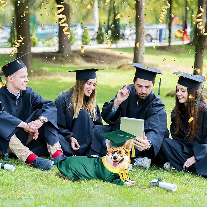 5 Pcs Dog Graduation Costume Set Include 2025 Pet Graduation Gown with Stole Puppy Grad Cap Lensless Glasses DIY Letter Stickers for Dogs Cats Holiday Costume Accessory(Green Yellow,2XL)