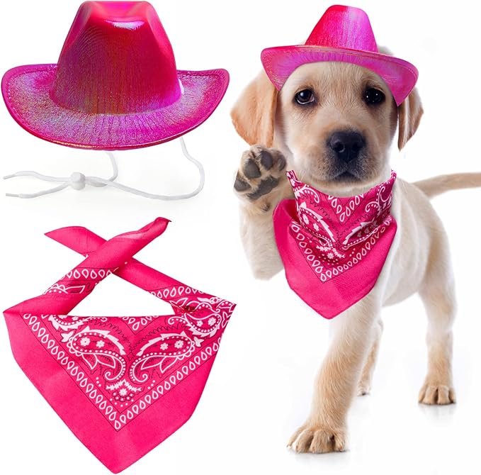 Yewong Pet Neon Sparkly Glitter Space Cowboy Hat Costume Set Dog Cat Metallic Space Shiny Cowboy Hats with Paisley Bandana West Cowboy Accessories for Pets (Metallic Rose Red) One Size