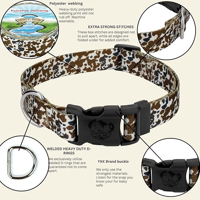 Country Brook Petz - Deluxe Cow Print Dog Collar - Made in The U.S.A. - Country and Western Collection Featuring Rustic Designs (1 Inch, Large)