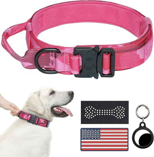 Hotsky Tactical Dog Collar, Adjustable Military Training Nylon Airtag Collar with Handle and Heavy Duty Metal Buckle for Medium Large Dogs, with Airtag Holder and Two Patches(Hotpink Camo,XL)