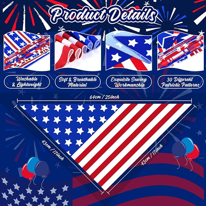 30 Pcs 4th of July Dog Bandanas Bulk American Flag Pet Scarf Triangle Bibs Holiday Puppy Bandanas Washable Adjustable Patriotic Dog Bandana for Independence Day Small Medium Large Dog Cat Pet Grooming