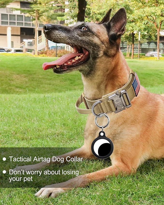 Hotsky Tactical Dog Collar, Adjustable Military Training Nylon Airtag Collar with Handle and Heavy Duty Metal Buckle for Medium Large Dogs, with Airtag Holder and Two Patches(Brown,M)
