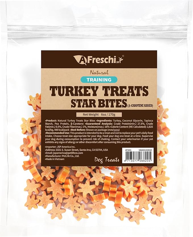 Afreschi Natural Turkey Treats Star Bites –6 oz, Hexagonal Shape, USA-Sourced, All-Natural, Hypoallergenic, Low-Fat, Healthy & Easily Digestible, Puppy & Training Snack & Small Dogs