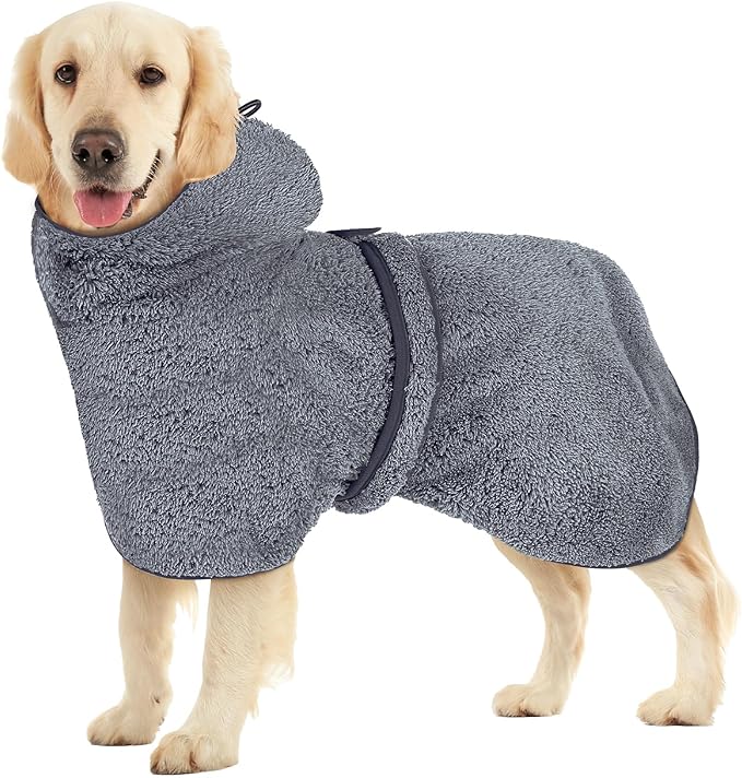 Bienbee Soft Dog Bathrobe,Super Absorbent & Quick-Drying Dog Robe with Hood, Cozy Drying Coat for After Bath, Grey L
