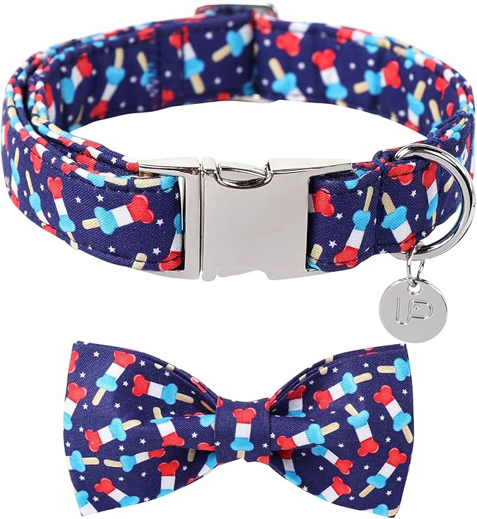 American Flag Dog Collar with Bow Tie, 4th of July Comfortable Cotton Cute Dog Collar with Metal Buckle, Patriotic Bowtie Collar for Puppy Girl Boy Dog or Cat, XS