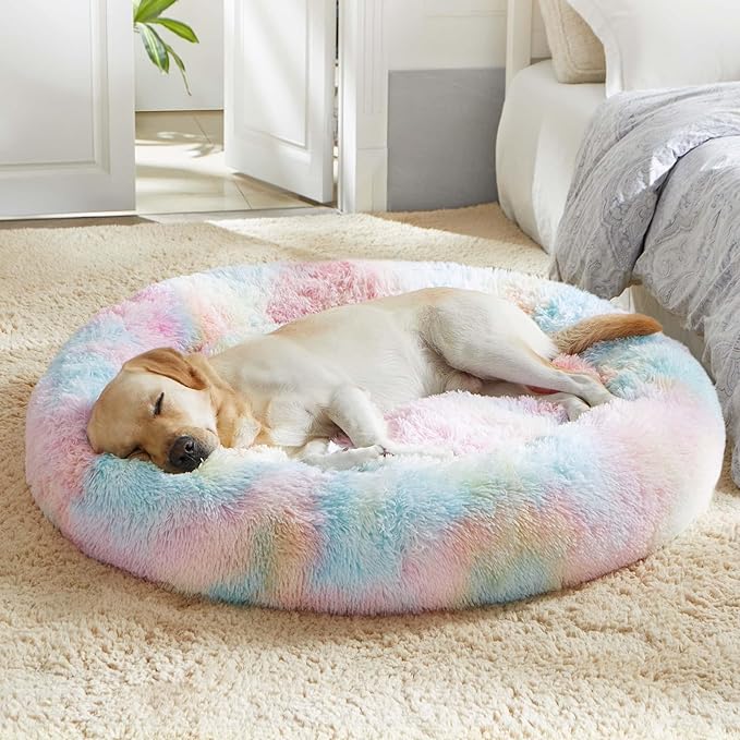 WESTERN HOME WH Calming Dog & Cat Donut Cuddler, Anti-Anxiety Warming Cozy Soft Round Bed, Fluffy Faux Fur Plush Cushion for Small Medium Dogs and Cats