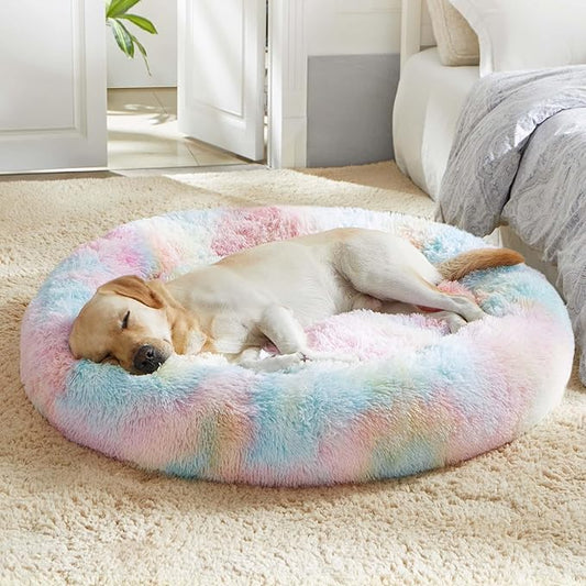 WESTERN HOME WH Calming Dog & Cat Donut Cuddler, Anti-Anxiety Warming Cozy Soft Round Bed, Fluffy Faux Fur Plush Cushion for Small Medium Dogs and Cats