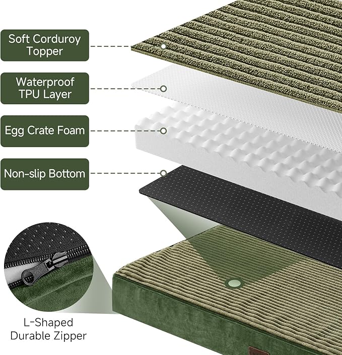OhGeni Orthopedic Waterproof & Machine Washable Dog Bed for Medium Large Pets, Suitable for Crates, 25D Egg Crate Foam, Non-Slip Bottom & Removable Cover, Invisible Zipper, 35 Inches(Dark Green)