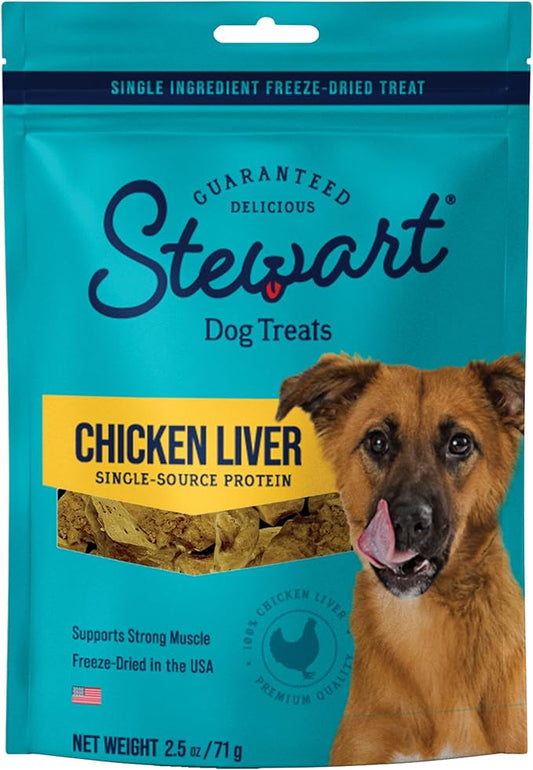 Stewart Single Ingredient Freeze Dried Raw Dog Treats, Chicken Liver, 2.5 Ounce Resealable Pouch, Training Treats or Meal Topper Dogs, High Protein, Grain-Free, Gluten-Free