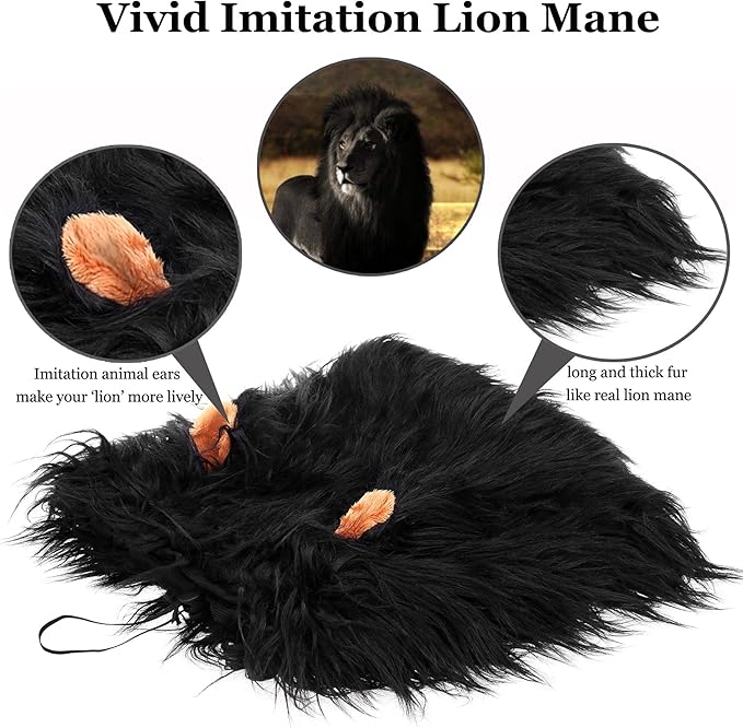 Onmygogo Lion Mane Wig for Dogs with Ears, Funny Pet Costumes for Halloween Christmas (Size L, Black)