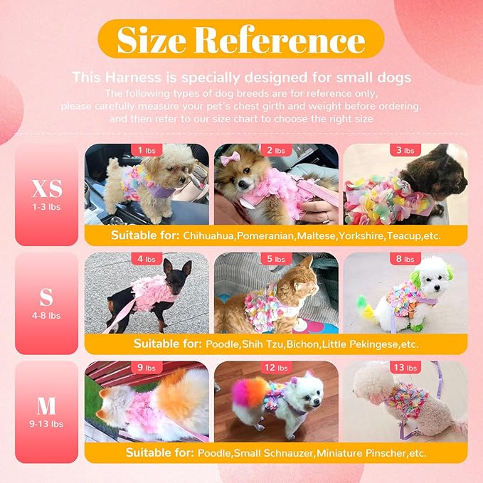 Cute Small Dog Harness and Leash Set Pink Lace Floral Girl Puppy Harness for Small Dogs Cats Soft Mesh Small Sized Dog Vest Harness Escape Proof Pet Cat Harness Outfits