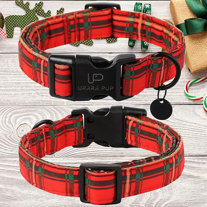 Christmas Dog Collar,Red Plaid Christmas Plaid Pet Collar with Quick Release,Adjustable Red Plaid Puppy Collar for Small Medium Large Dogs,XL