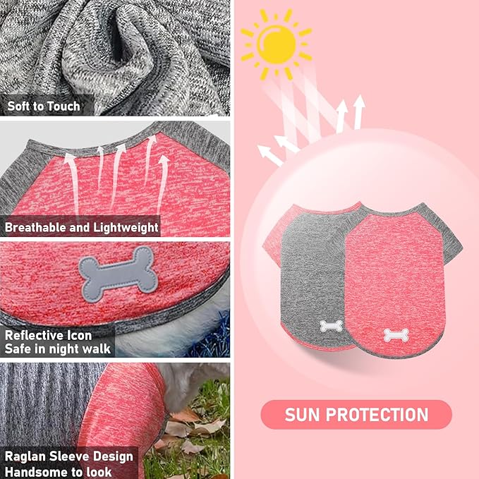 KYEESE 2 Pack Dog Shirts Quick Dry for Medium Dogs Breathable Lightweight Stretchy Dog T-Shirt with Reflective Label Raglan Sleeve Sun Protection, Coral Red+Grey, 2XL