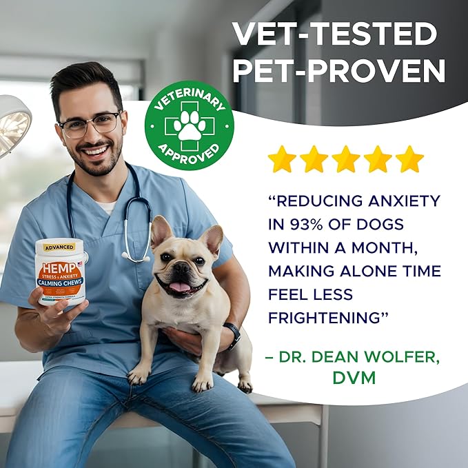 Advanced Calming Chews for Dogs - Hemp Treat + Melatonin + Valerian - Relaxing Bites - Calming Care - Anti-Anxiety & Stress Relief - Made in USA - Calm, Sleep Aid, Storms - 60Ct