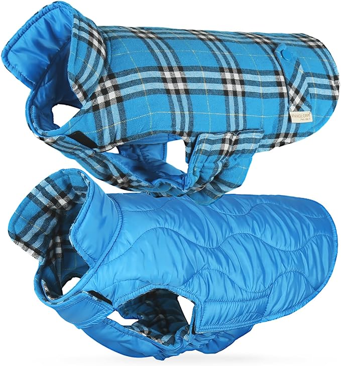 VIVAGLORY SoftJoy Dog Winter Coat - British Style Plaid Jacket & Vest for Snow, Cold Weather - Heavy Duty, Warm & Cozy, Reversible - M Blue