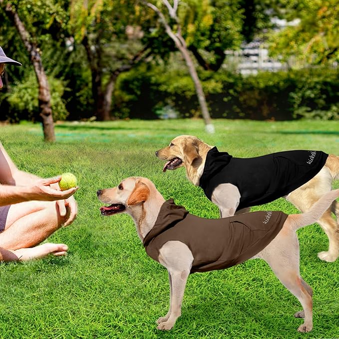 2-Piece Basic Dog Hoodie & Puppy Sweatshirt, Soft & Comfy, Superior Comfort & Fit, Dog Security Hoodies Jumpsuit Sweater with Leash Hole & Pocket, Black & Brown/Sleeveless (Medium)