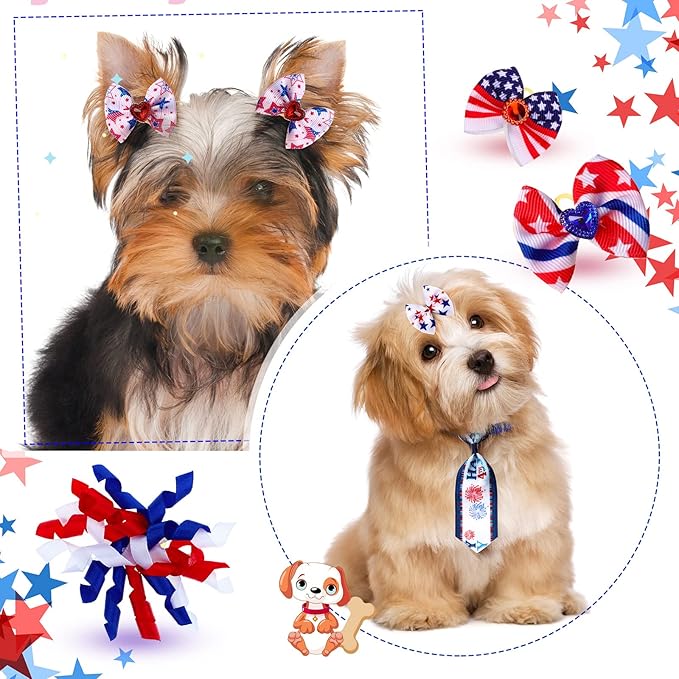50 Pcs Dog Collar Bows Ties Set Patriotic Memorial Day 4th of July, Bow Flowers Charms Grooming for Small Medium Large Dogs Cats Collar Independence Day Party Decoration Costume Supplies