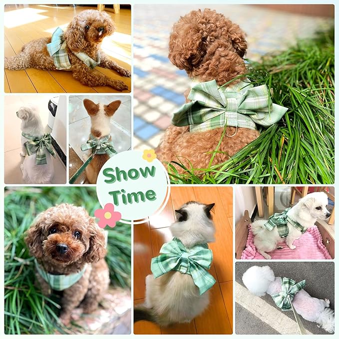 Cute Dog Harness and Leash Set with Bow Tie Soft Mesh Plaid Girl Puppy Harness No Pull Pet Cat Dog Vest Harness for Small Dogs Chihuahua Rabbit Outfit (Green,L)