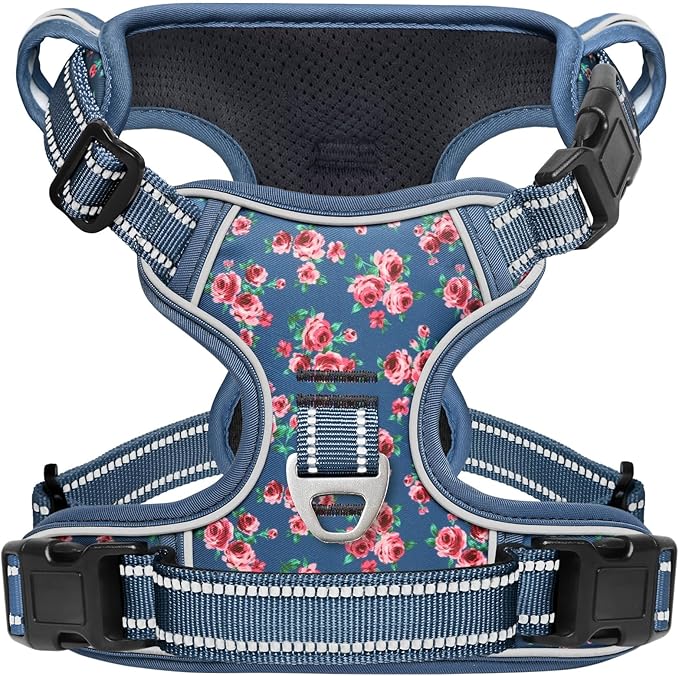 Timos Dog Harness for Medium Dogs, No Pull Service Vest with Reflective Strips and Control Handle,No Choke Dog Harness with 2 Metal Rings for Easy Walking,Outdoor Training,Flower Blue, M