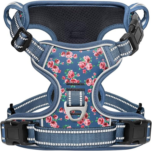 Timos Dog Harness for Medium Dogs, No Pull Service Vest with Reflective Strips and Control Handle,No Choke Dog Harness with 2 Metal Rings for Easy Walking,Outdoor Training,Flower Blue, M