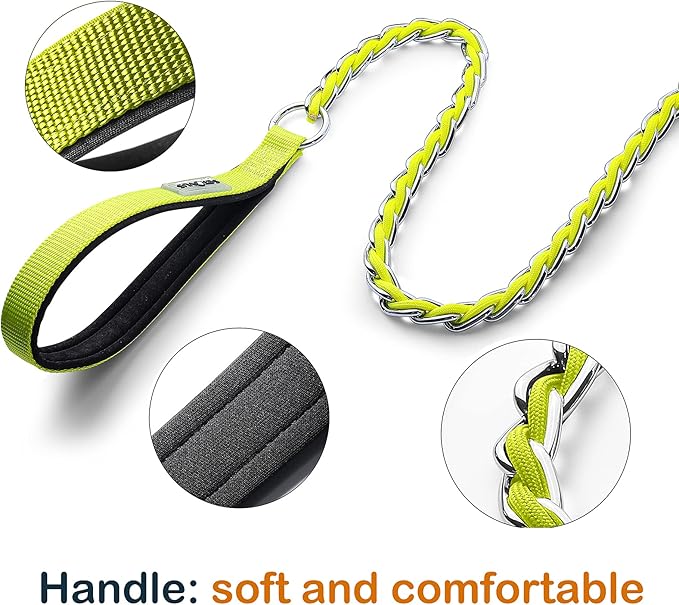 Chew Proof Metal Leash Chain Dog Leash for Medium Large Dogs, Chain Link Dog Leash Anti Chew 5FT Strong Anti Bite Dog Leash Comfortable Soft Padded Handle Yellow