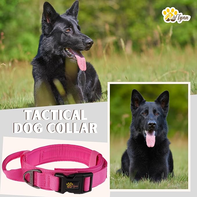 ADITYNA Tactical Dog Collar for Medium Girl Dogs - Soft Padded, Heavy Duty, Service, Adjustable, Military, K9 Pink Medium Collar with Handle for Training and Walking