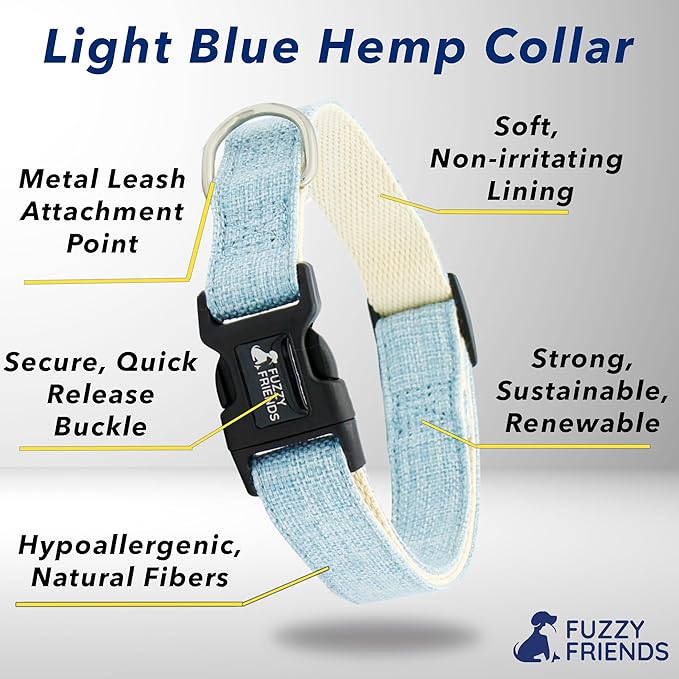 Light Blue Hemp Dog Collar - Hypoallergenic Dog Collar - Comfortable for Sensitive Skin or Allergies with no Harsh Dyes or Chemicals - 5 Sizes from X-Small to x-Large Breeds