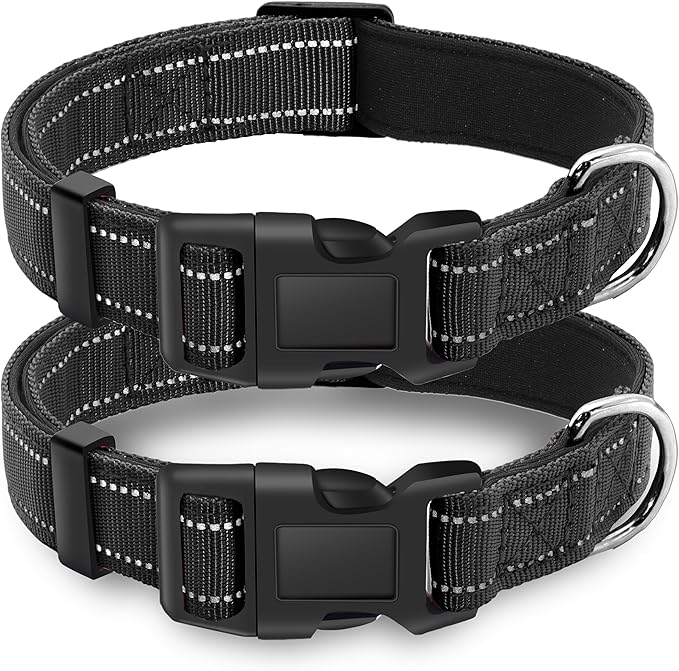 2 Pack Reflective Dog Collar with Safety Locking Buckle, Adjustable Soft Breathable Comfortable Nylon Pet Collar for Small, Medium and Large Dogs, Black, L