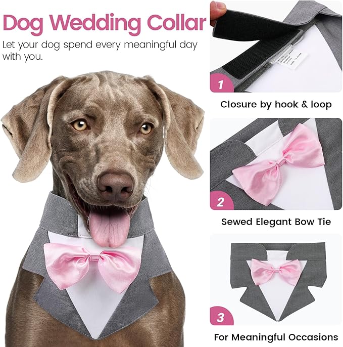 AOFITEE Formal Dog Tuxedo, Extra Large Dog Wedding Bandana Collar with Bow Tie, Adjustable Birthday Costume Valentines Outfits, Bowtie for Large Party Tux Wedding Outfit, Grey XL