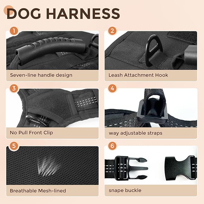 Tactical Dog Harness for Large Dogs, No Pull Adjustable Dog Harness with Water Bottle Bag and Pocket, Adjustable Reflective K9 Training Vests for Dogs for Training, Walking, Hiking S