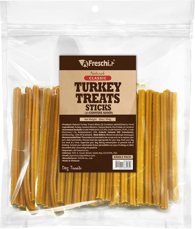 Afreschi Turkey β-Carotene Stick Dog Treats – 16 oz, USA-Sourced, All-Natural, Hypoallergenic, Low-Fat, Healthy & Easily Digestible, Puppy & Training Snack