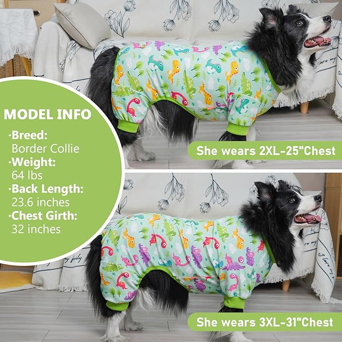 KYEESE Dog Pajamas Comfy Clothes for Dogs Boy Girl Stretchy Pet Jammies Onesie Soft Outfit Velvet Pjs Large Dog Pajamas with Colorful Dinosaurs, XX-Large