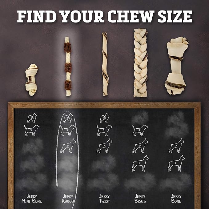 Rawhide Dog Treats - Healthy, Grass-Fed Buffalo Jerky Raw Hide Chews - Hickory Smoked Flavor - Jerky Kabob, 18 Count