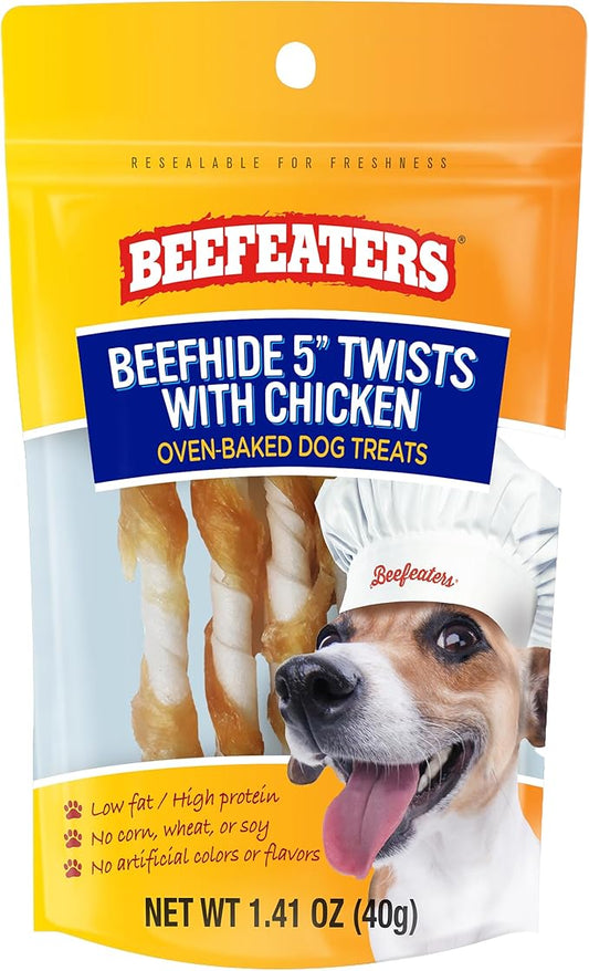 Beefeaters Dog Treats - Beefhide 5in Twist with Chicken 1.41oz, Case of 12 | High Protein, Low Fat, Enriched with Vitamins & Minerals | Promotes Clean Teeth | Dog Training Treats for All Dog Sizes