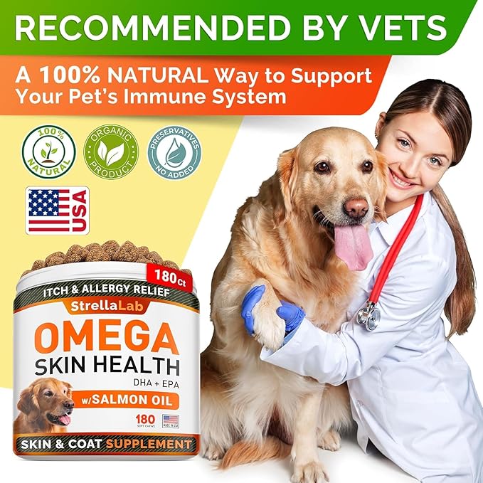 StrellaLab Omega 3 for Dogs - (360Ct) Fish Oil Treats - Allergy & Itch Relief Skin & Coat Supplement - Dry Itchy Skin, Anti Shedding & Hot Spots Treatment - Pet Salmon Oil Chews - Salmon Flavor