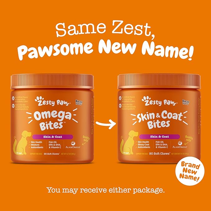 Zesty Paws Omega 3 Fish Oil for Dogs - Zesty Paw Dog Vitamins and Supplements for Hip, Joint & Skin, Bacon (90 Chews)
