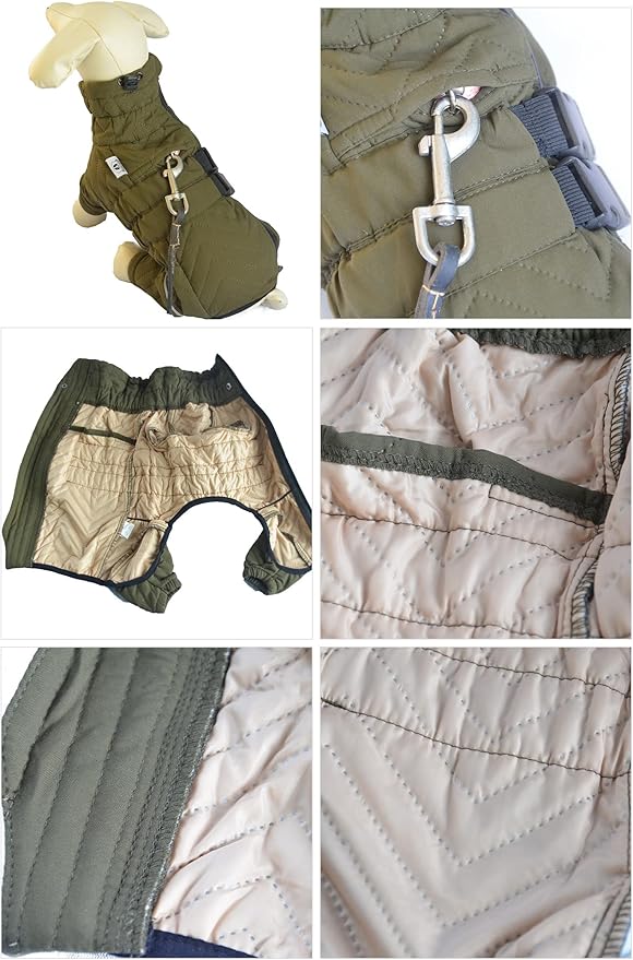 Warm Dog Coat Double Layers Dog Vest, 4 Legs Covered Windproof Waterproof Reflective Warm Dog Vest Outdoor Skating Dog Costume for Small Medium Large Dogs Olive XXL