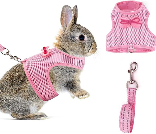 Rabbit Harness and Leash Set with Cute Bow tie Buckle Breathable Mesh Vest Harness for Rabbits Kitten Small Pets Pig Walking(L: Chest Girth 11.02-13.38IN, Pink)