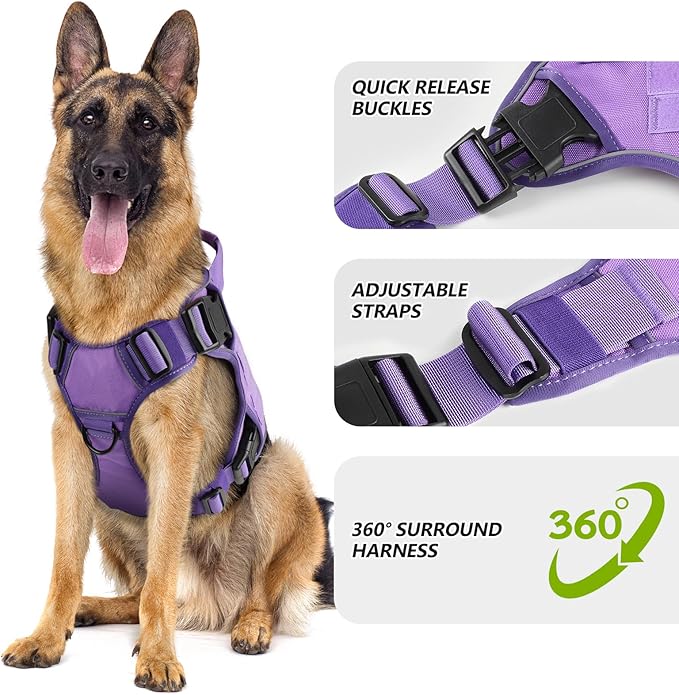 WINGOIN Purple Tactical Dog Harness Vest for Small Dogs No Pull Adjustable Reflective K9 Military Dog Service Harnesses with Handle for Walking, Hiking, Training(S)