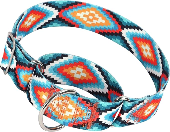 1.5 Inches Martingale Collar for Dogs,Adjustable Heavy Duty Training Collars with Blue African Tribal Mexican Native Boho Pattern, No Slip Dog Collar Perfect for Training, Walking, Hunting(M)