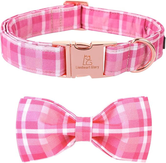 Lionheart glory Pink Plaid Dog Collar, Adjustable Dog Collar with Bowtie, Pet Gift Girl Collar for Dog Soft Bowtie Dog Collars for X-Small Puppy