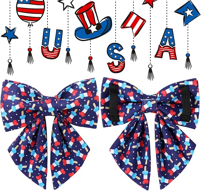 Patriotic Bow Tie Collar for Puppy to Cat - American Flag Design, Comfortable Summer Collar with Metal Buckle, XS, 8-12in Neck