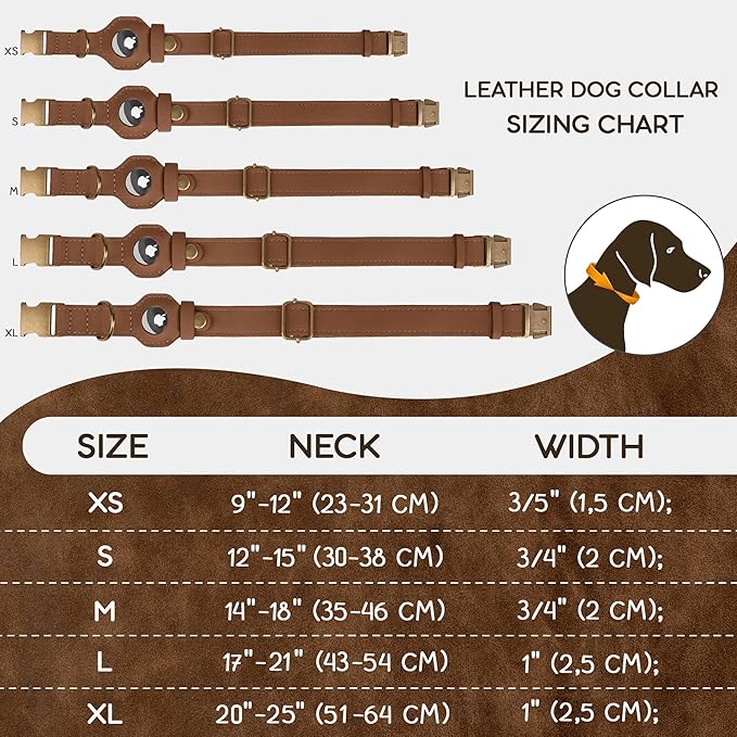 AirTag Dog Collar - Genuine Leather Dog Collar with Apple AirTag Holder and Metal Buckle - Smart GPS Tracking Pet Collars for Small Medium Large Dogs Puppy (Tawny, S, 12"-15" Neck Fit)