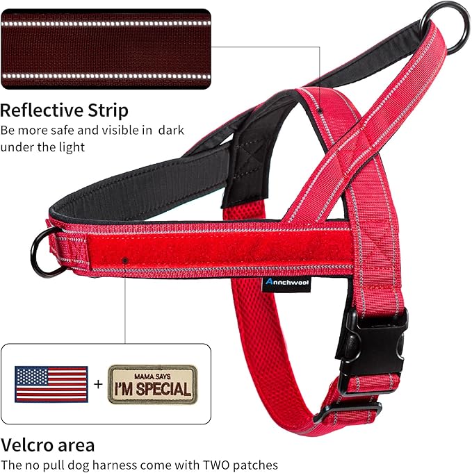Annchwool No Pull Dog Harness with Soft Padded Handle,Reflective Strip Escape Proof and Quick Fit to Adjust Dog Harness,Easy for Training Walking for Small & Medium and Large Dogs(Red,XS,1 in Width)