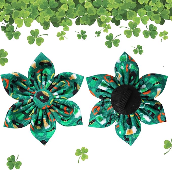 St. Patrick's Dog Collar with Flower, Cotton St. Patrick's Flower Collar for Girl Boy Dog, Lucky Shamrock Dog Collar with Metal Buckle, Green, Spring, S